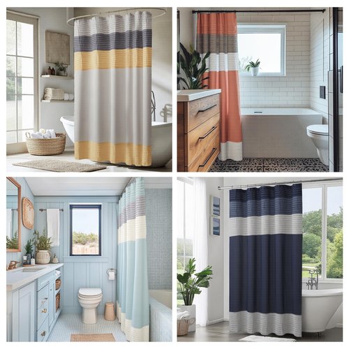 Madison Park Amherst Bathroom Shower Curtain Faux Silk Pieced Striped Modern Microfiber Bath Curtains, 72x72 Inches, Navy