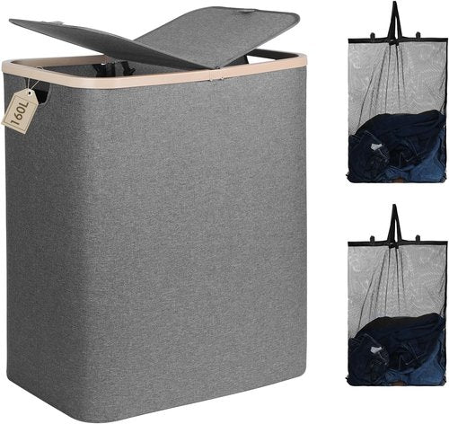 DOKEHOM 160L Double Laundry Basket - Large Collapsible Hamper with Removable Lid & Bags | Dark Grey