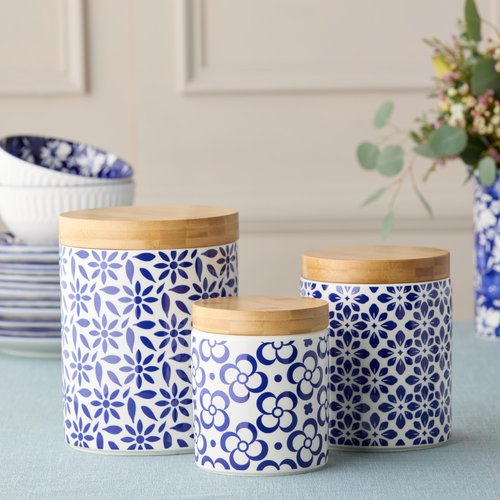 Madison 3pc Canister Set - Premium Porcelain with Bamboo Lids, Blue and White Patterns - Large 96 oz, Medium 80 oz, Small 30 oz - Perfect for Pantry Storage and Organization