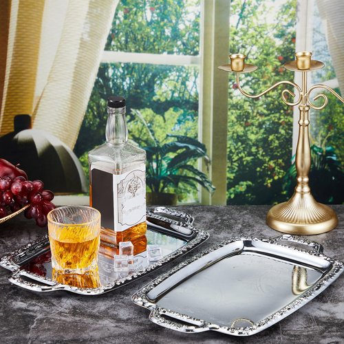 Tiangrid 6 Pcs Silver Serving Tray with Handle Elegant Floral Metal Plate Silver Platter for Buffet Wedding Party Jewelry Decorative (Oblong)