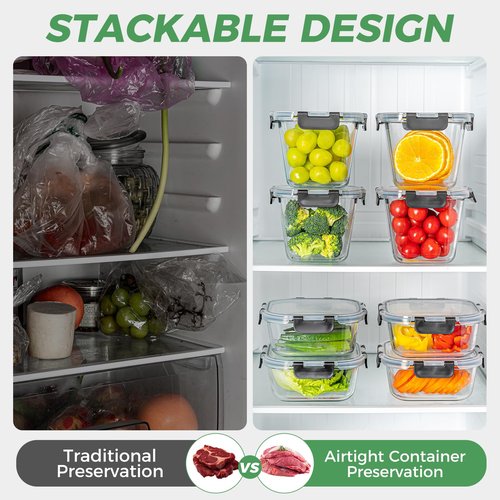 Hoenjuno 27 oz Glass Food Storage Containers with lids, 4 Pack Square Sandwich Containers/Box for Meal Prep, 3.3 Cup Glass Meal Prep Containers, Microwave, Oven, Freezer and Dishwasher, BPA-free