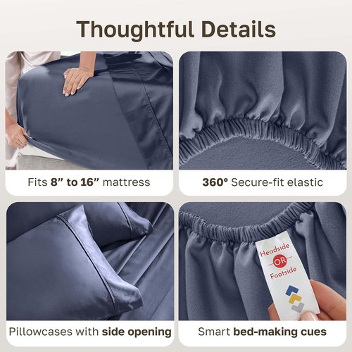 California Design Den Queen Size Bed Sheets Set - 100% Cotton, 400 TC, Smooth Sateen Finish, Indigo Dusty Blue