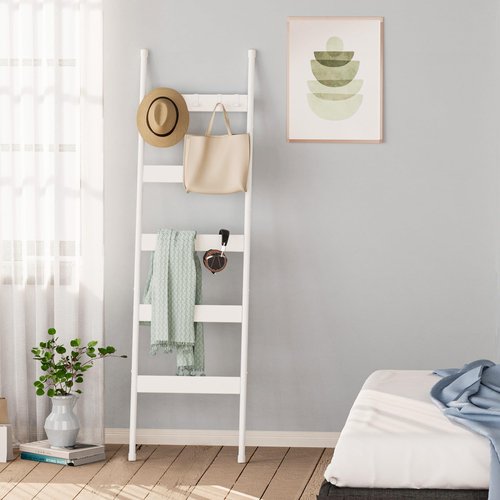 Blanket Ladder, 5-Tier Towel Holder with 4 Removable Hooks, Farmhouse Wall Leaning Decorative Rack Shelf, Wooden Towel Display Rack, Quilt Ladder for Living Room, Bedroom, White
