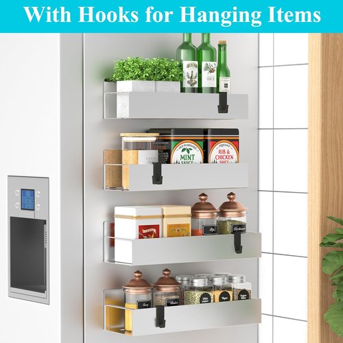 HuggieGems Magnetic Spice Rack Organizer - 4 Pack for Refrigerator & Oven | Silver Storage Solution