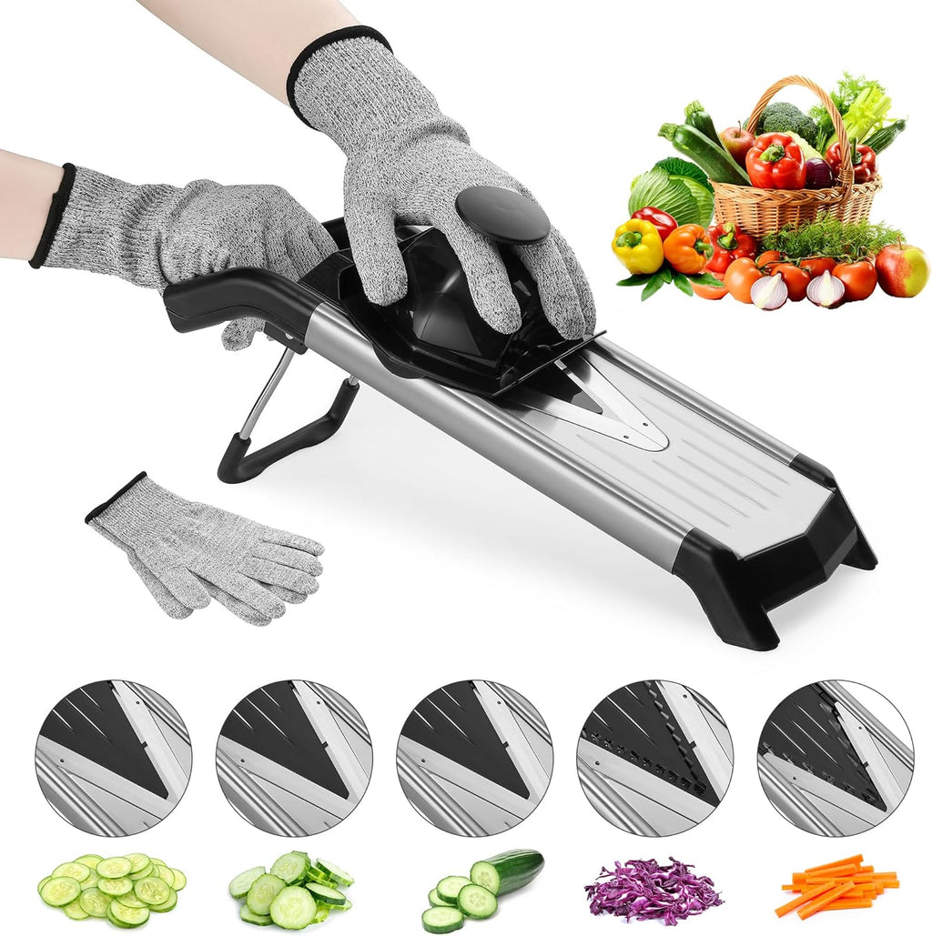 Supernal 5-in-1 Adjustable Mandoline Slicer - Stainless Steel Vegetable Cutter with Cut-Resistant Gloves | Safe & Durable for Potatoes, Tomatoes, Carrots, Onions & More