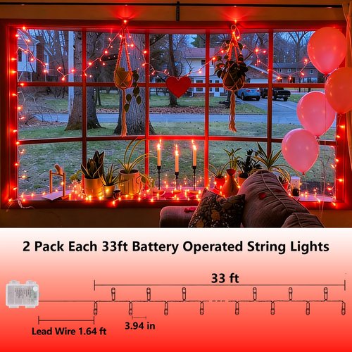 YEGUO Valentine‘s Day Lights Battery Operated, 2 Pack Each 33ft 100 LED Red String Lights Outdoor Waterproof, Clear Wire Christmas Light Indoor with Remote