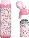 Jarlson® Kids Water Bottle CHARLI | 18oz Stainless Steel Insulated Thermo Bottle with Straw - Spill Proof for School & Sports (Unicorn)