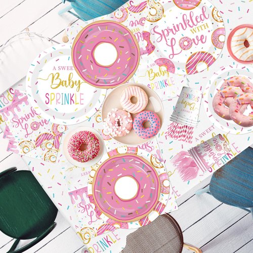 Baby Sprinkle Decorations for Girl, Sprinkled with Love Baby Shower Supplies Donut Plates Napkins Cups Tablecloth Banner Cake Topper, Honeycomb Centerpieces for Pink Donut Baby Shower Decorations