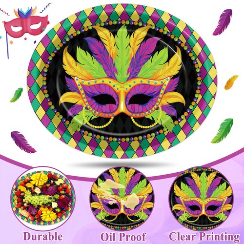 Qyeahkj 50 PCS Mardi Gras Oval Paper Plates Large 11” Disposable Masquerade Mask Party Decorations Mardi Gras Supplies Favor for Carnival Gifts Masquerade Party Tableware Set