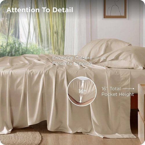Bedsure Queen Sheet Set - Cooling Bamboo Sheets with Deep Pockets | Soft, Breathable Luxury Bedding in Beige