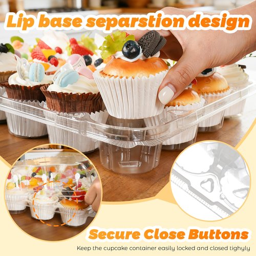 LOKQING 24 Count Cupcake Containers 10 Pack Cupcake Holders Plastic Clear Disposable Cupcake Containers with Detachable Tall Dome Lids and 360 Liners for 240 Cupcakes, BPA Free, Standard Size