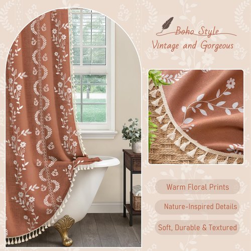 NDDYCU Vintage Boho Terracotta Shower Curtain, Floral Linen Patterned Shower Curtains for Bathroom with Tassels, 72 x 72