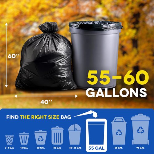 Large Trash Bags 55-60 Gallon | 150 Count, Heavy Duty Black Garbage Bags | Unscented, Leak Proof, Bulk Pack for Office, Industrial & Commercial Use - Made in USA