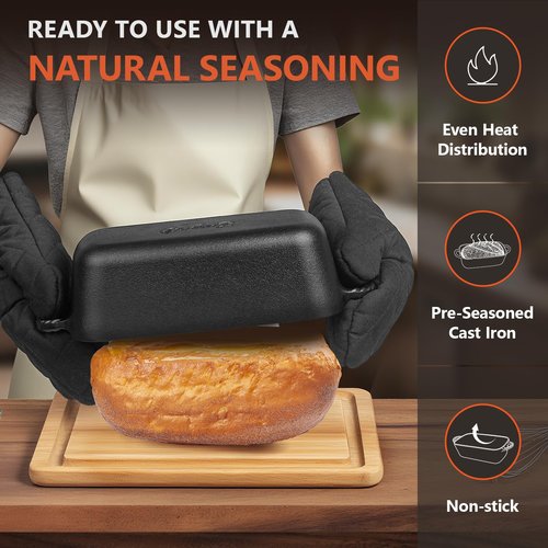 Lvmol 9.5×5 Inch Cast Iron Loaf Pan - Pre-Seasoned Sourdough Bread Baking Pan, Even Heat Distribution for Homemade Bread