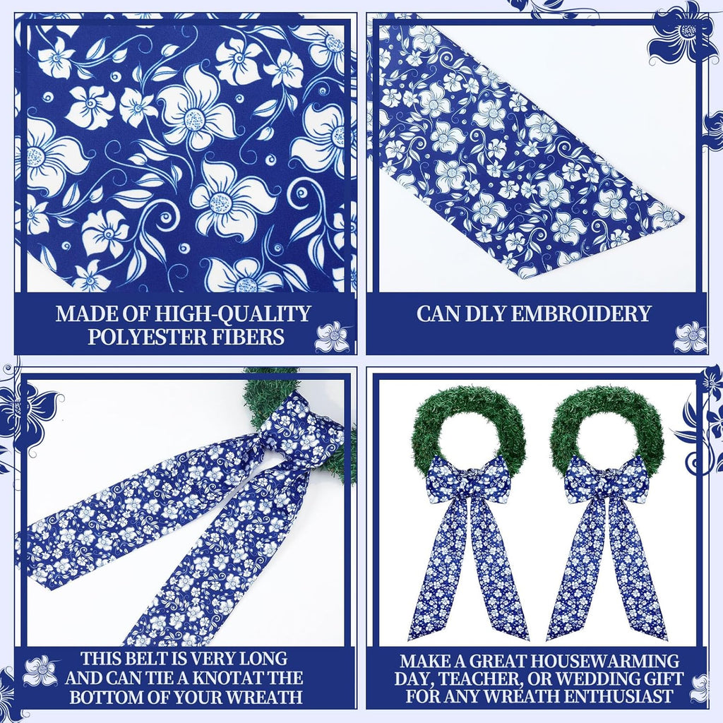 Skiennix Wreath Sash - Reversible Chinoiserie Decor for Monogram Garland | 2 Pcs Blue Style for Indoor/Outdoor Use