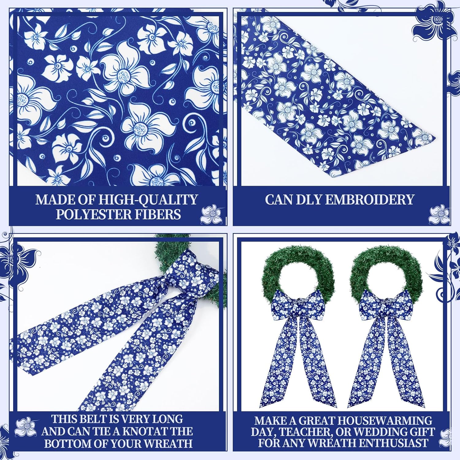 Skiennix Wreath Sash - Reversible Chinoiserie Decor for Monogram Garland | 2 Pcs Blue Style for Indoor/Outdoor Use