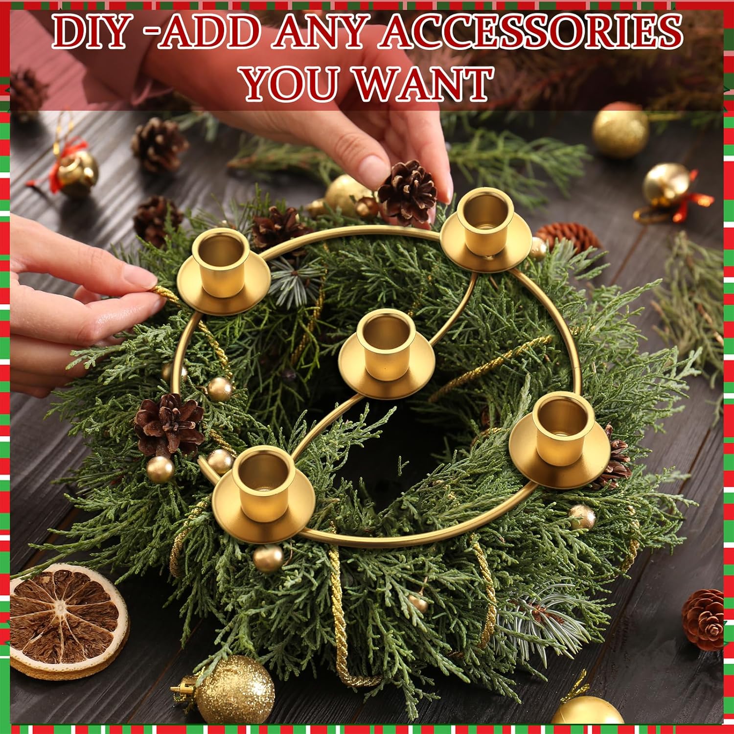 Sliner Christmas Advent Wreath Ring - 5 Candle Holder in Gold | Metal Table Decoration for Festive Centerpiece