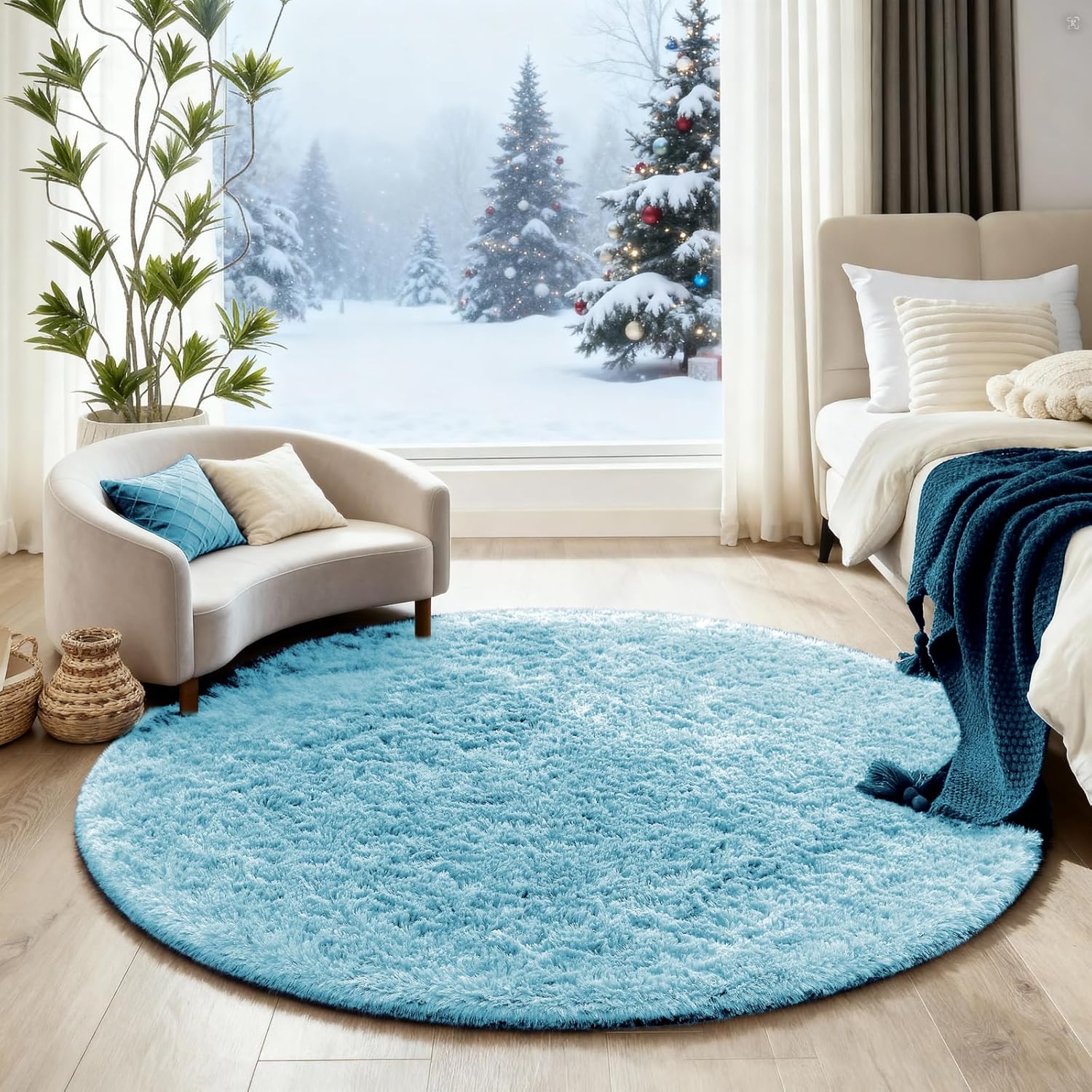 Ophanie Round Rug - Fluffy Light Blue Circle Area Rug for Kids & Teens | 4Ft Plush Shag Carpet