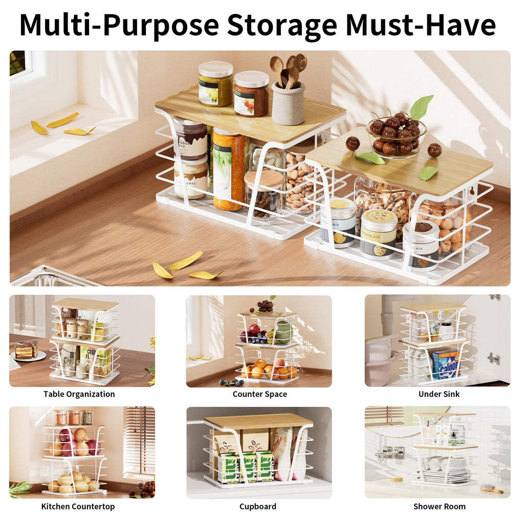 TIDIIABODE 2 Pack Kitchen Organization for Onions,Potatoes - Fruit Basket for Kitchen Counter & Storage Basket,Stackable Storage Bins with Bamboo Top & Lightweight PP Mat,White