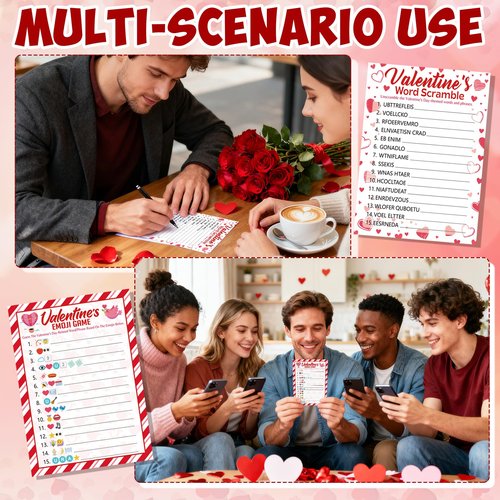 25 Players Valentine's Party Games for Adults Kids Valentines Day Games Cards Valentines Parties Emoji Game Word Scramble Game with Answer Key for Boys Girls Family Office Large Groups Activities