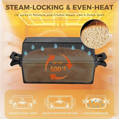 HONGBAKE Cast Iron Bread Pan - 2 in 1 with Lid & Lever | Pre-Seasoned Nonstick 9x5 Sourdough Baking Pan