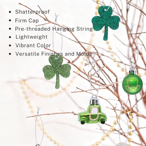 DecorbyHannah St Patricks Day Decorations Shamrock Irish Tree Ornaments Set, 18ct Green Gold St. Patrick's Day Shatterproof Good Luck Clover Hanging Horseshoe Truck Ornament for Christmas Party Spring