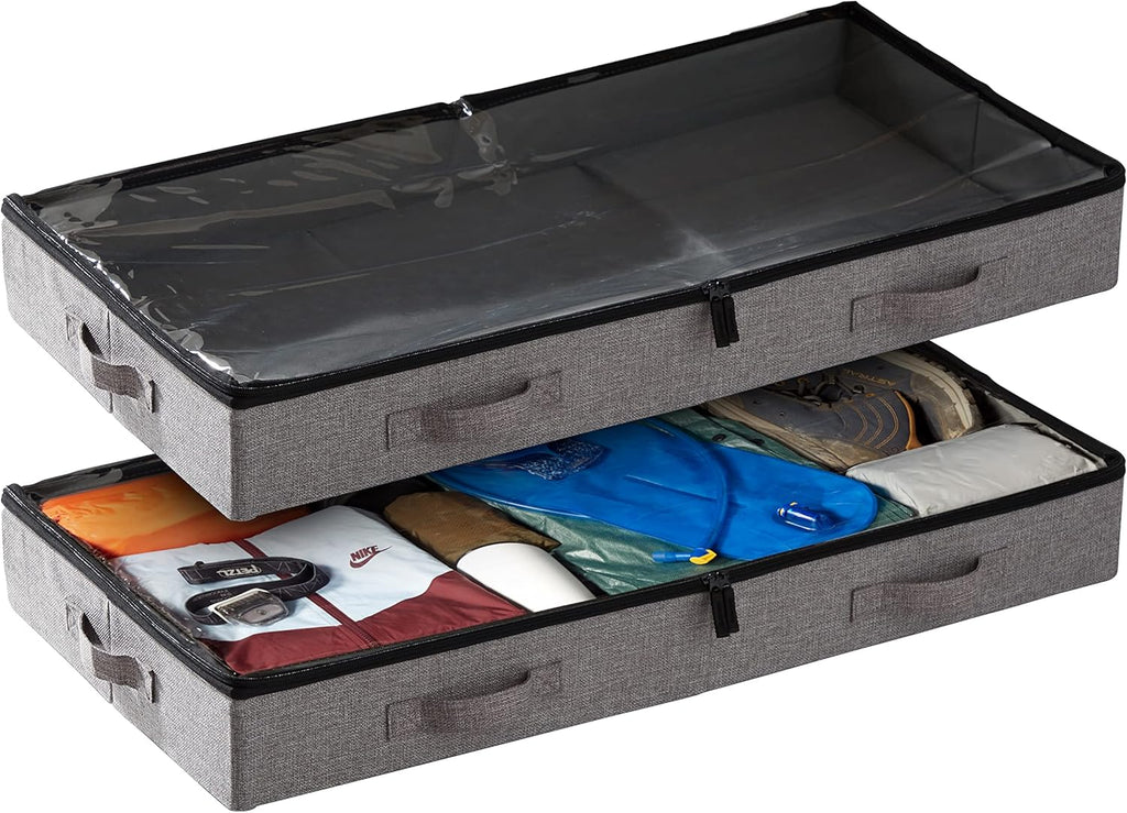 storageLAB Under Bed Storage Containers - Low Profile Organizers with Sturdy Handles & Clear Windows | 2 Pack, Gray