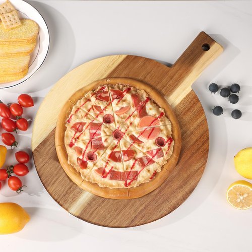2 Pack Acacia Wood Cutting Board with Stand, Charcuterie Boards for Kitchen, Round & Rectangular Wooden Cutting Board Set for Cheese, Meat, Pizza, Vegetables, Bread(16 x 12 Inch)