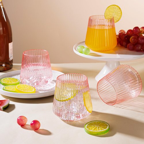 24 Pack Pink Plastic Wine Cups, 14oz Disposable Stemless Ribbed Wine Glasses, Cute Clear Unbreakable Outdoor Cocktail Glasses, Heavy Duty Plastic Drinking Cup for Galentine Wedding Party Mimosa Bar