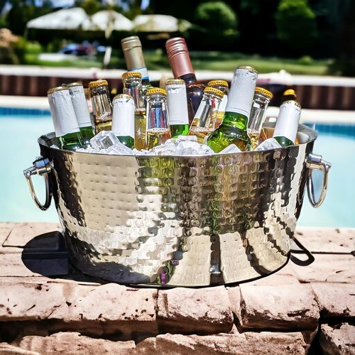 BREKX Stainless Steel Beverage Tub and Ice Bucket with Lid and Scoop Party Combo Pack, Silver Double-Walled Insulated Barware Set