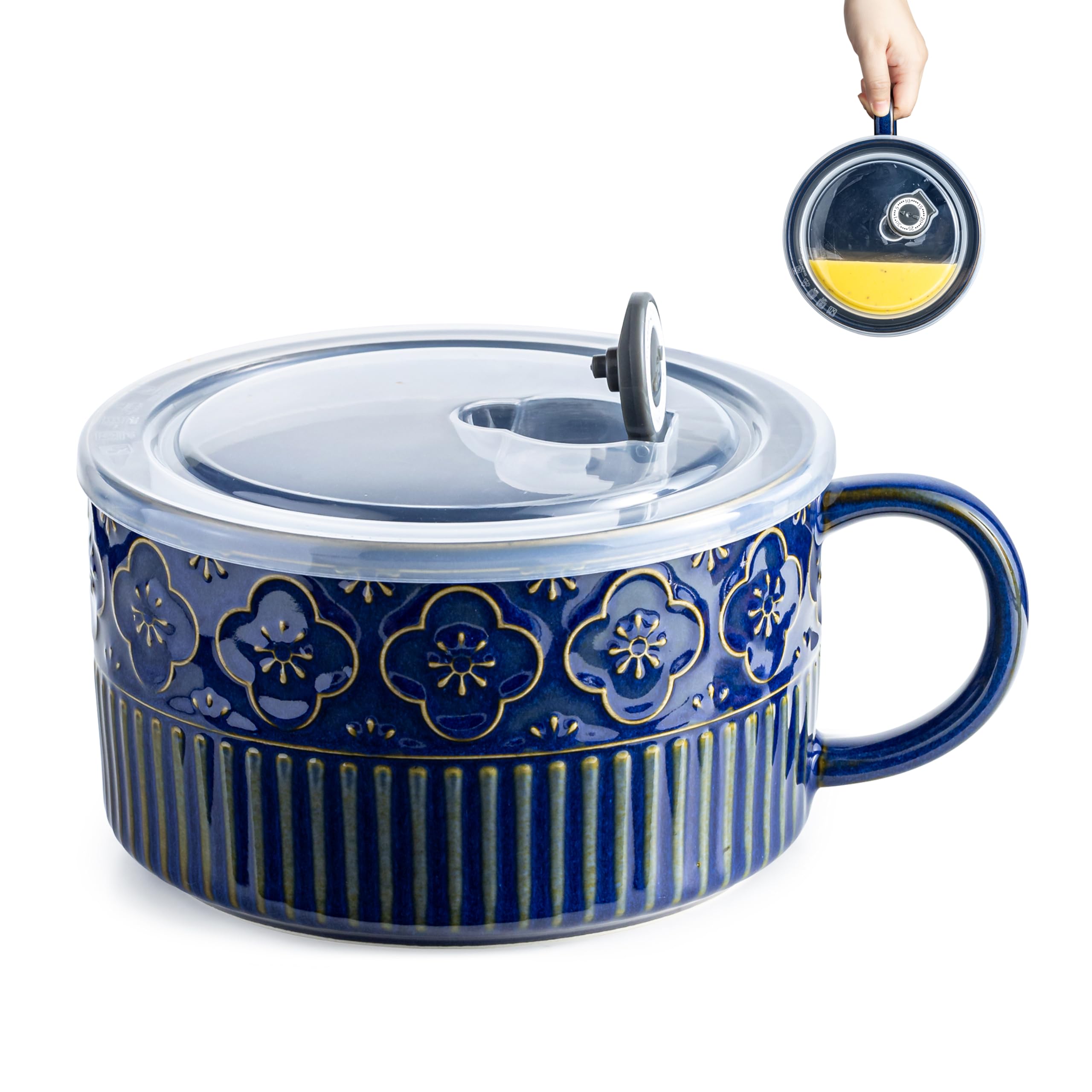 Gomakren Extra Large Soup Bowl with Handle, 39 Ounces Microwave Ramen Bowl, Ceramic Bowl with Lid for Father's Day, 6 Inch Soup Mug Cup for Cereal, Ramen, Instant Noodle, Cobalt Blue