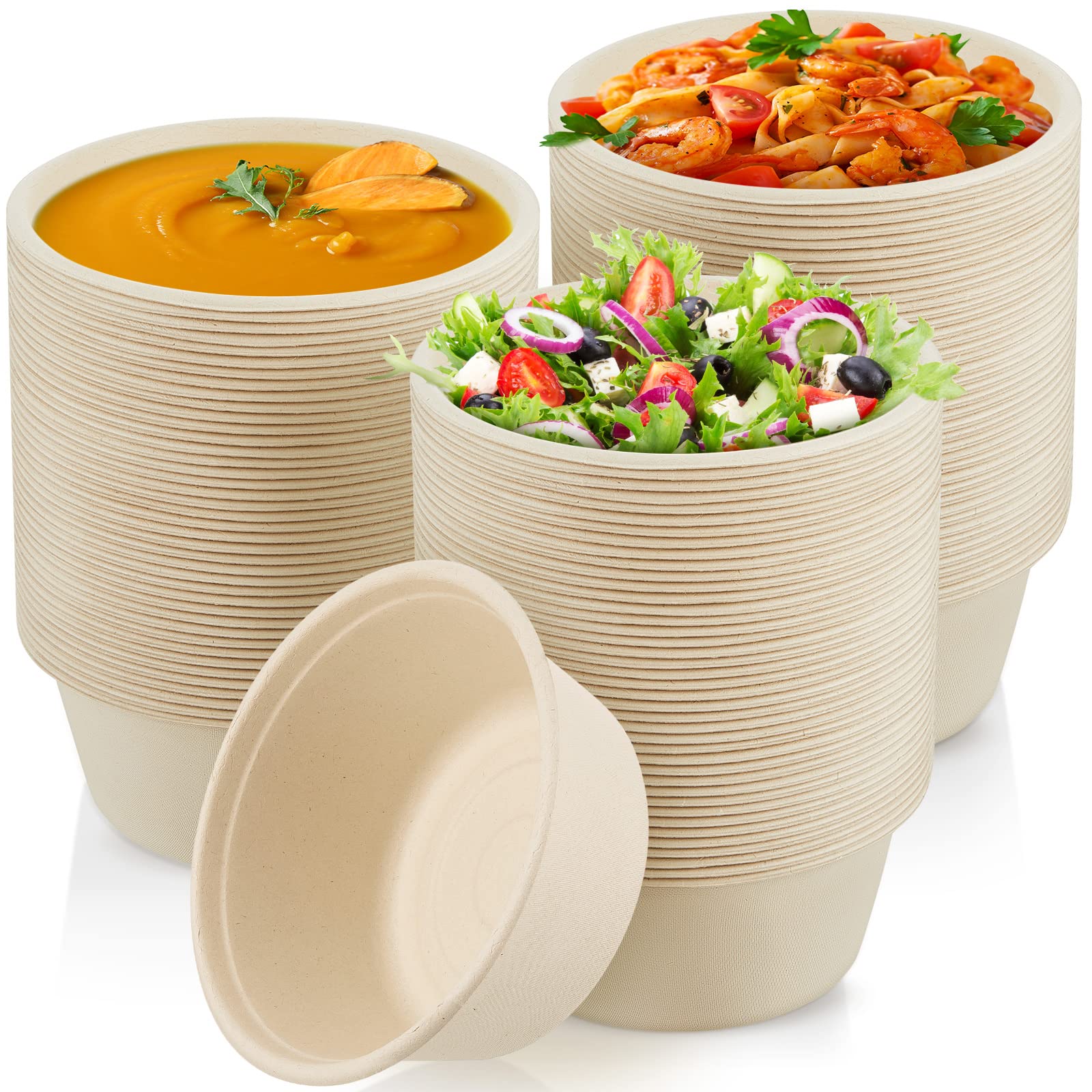 Tessco for you 40 oz 150 Pack Large Disposable Salad Bowls Deep Heavy Duty Paper Bowls Sugarcane Fiber Compostable Biodegradable Microwave Safe for Hot Cold Soup Ramen Popcorn Pasta (Natural Color)
