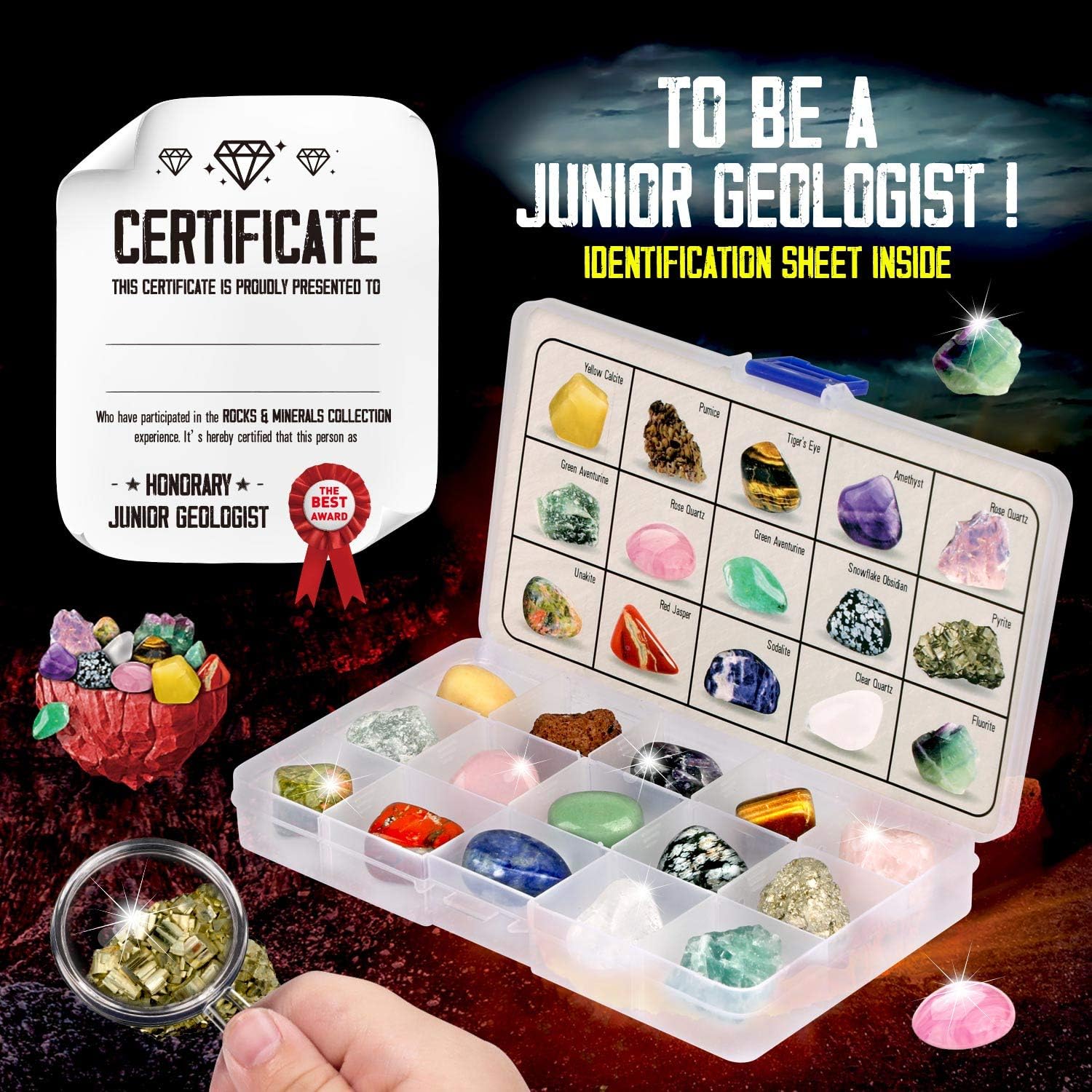 Rocks Collection - 15-Piece Geology Gem Kit for Kids | Educational Rock Set with Identification Sheet & Storage Case