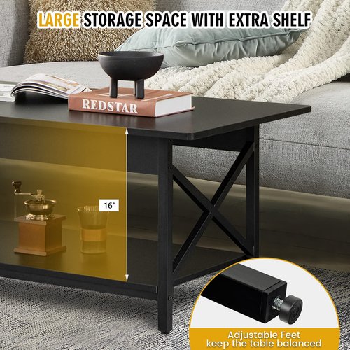 COSTWAY Industrial Coffee Table, 2-Tier Wood Cocktail Tea Table with Storage Shelf and X-Shape Steel Frame, Rectangle Sofa Side Accent Table for Living Room Home Office, Black