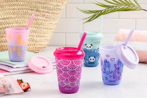 Ello Kids Plastic Reusable Color Changing Cups with Twist on Splash-Proof Lids and Straw, BPA Free, Dishwasher Safe, 12oz, Fruit Pop, 4 Pack