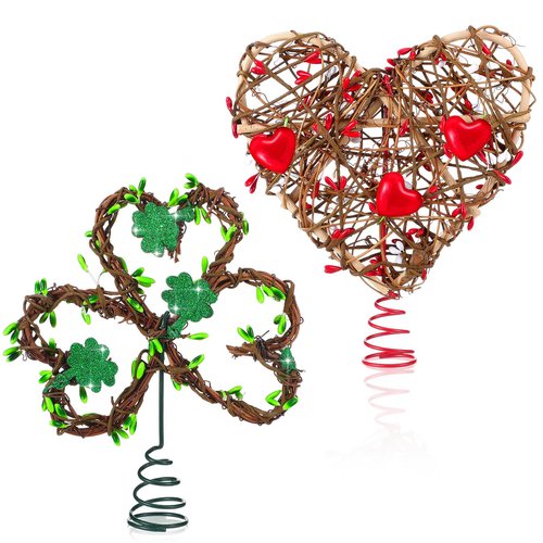 Daifunli 2 Pieces Valentines St Patrick's Day Tree Topper Rattan Irish Heart Shamrock Shaped Tree Toppers Iron Metal Red Green Glitter Christmas Treetop for Valentines Gift Wedding Party Decorations