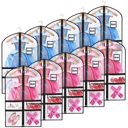 10 Pack Garment Bags for Dance Costumes,40" Kids Clear Garment Bags for Hanging Clothes with 4 Zipper Pocket,Dance Competition Must Haves for Dance Competition, Travel, Closet Storage(Black)