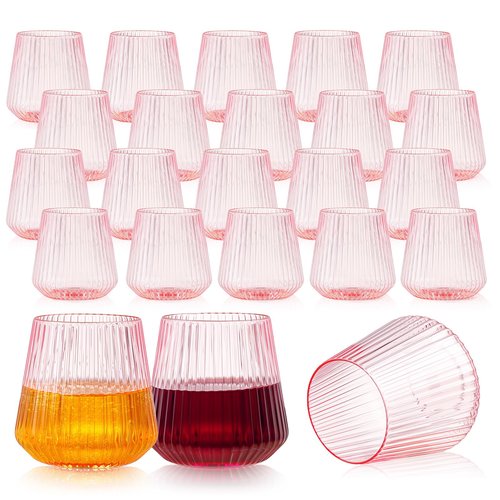 24 Pack Pink Plastic Wine Cups, 14oz Disposable Stemless Ribbed Wine Glasses, Cute Clear Unbreakable Outdoor Cocktail Glasses, Heavy Duty Plastic Drinking Cup for Galentine Wedding Party Mimosa Bar