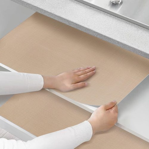 Shinlendid Shelf and Drawer Liner for Kitchen Cabinets Non-Adhesive, Strong Grip Non-Slip Thickened Cabinet Liners for Shelves, Waterproof Mats for Dresser Cupboard, Khaki, 12 in x 10 Feet
