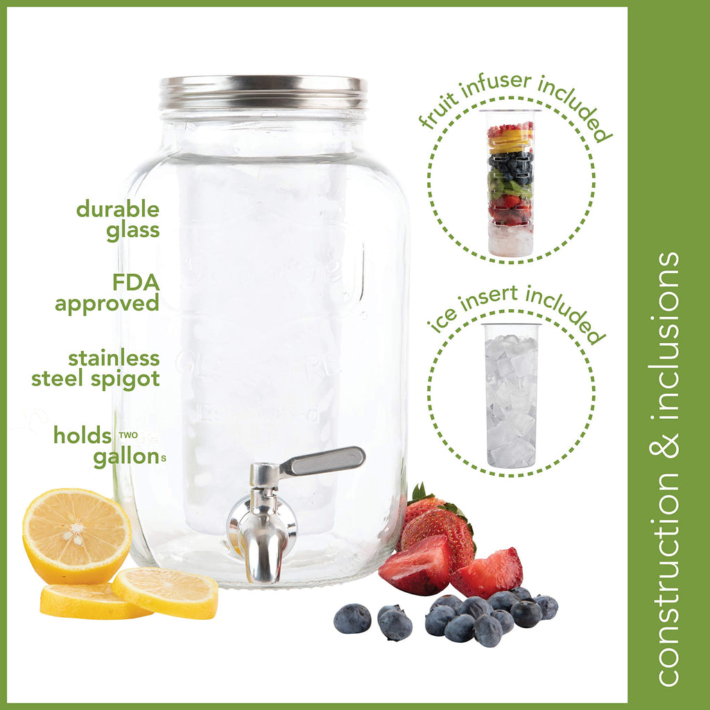 2 Gallon Glass Beverage Dispenser with Ice and Fruit Infusers, Stainless Steel Spigot and Metal Lid, Wide Mouth Mason Jar Drink Dispenser, for Iced Tea, Kombucha Brewing and more