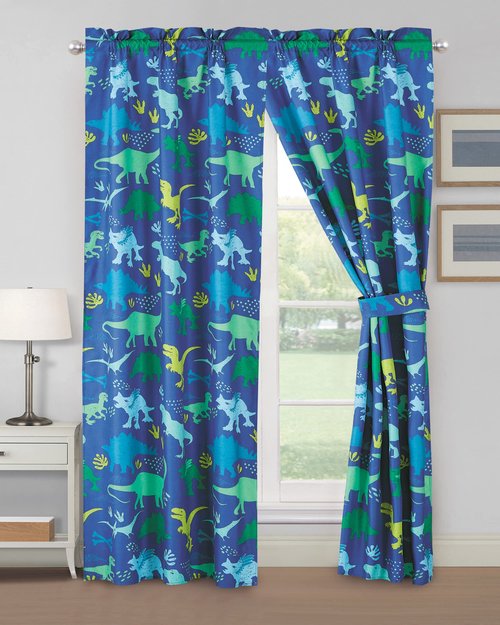WPM WORLD PRODUCTS MART Blue Green Dinosaur Print Curtain for Boys Girls Bedroom 4 Piece Blue Jungle Theme Curtain for Kids Bedroom Set with Panel and tiebacks Design (Blue Dinosaur)