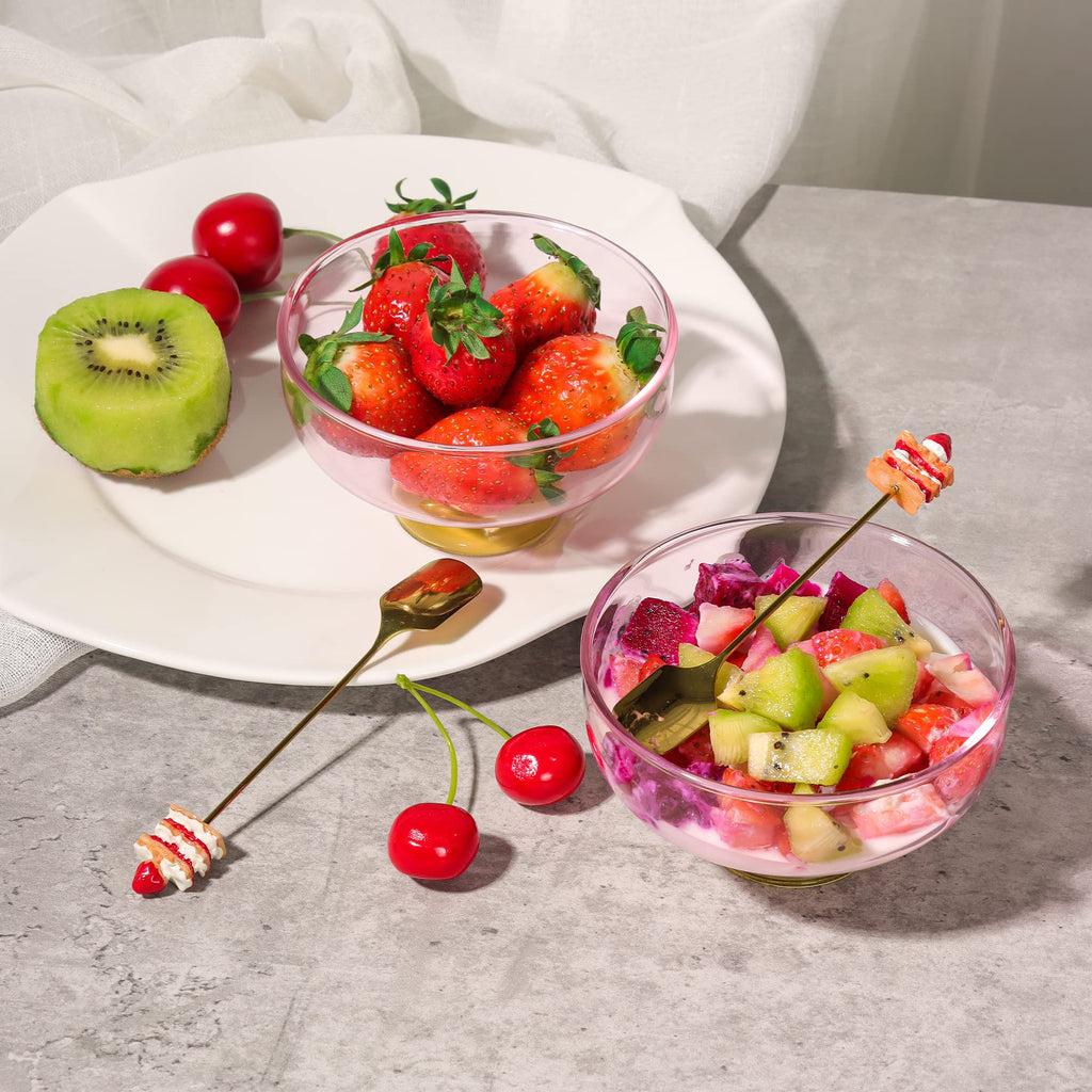 SERdeerCH Pink Glass Dessert Bowls Set of 2 Ice Cream Bowl with 2 Gold-Plated Spoons Decorative Microwave Safe for Fruit,Snack,Candy Glass Bowl Set