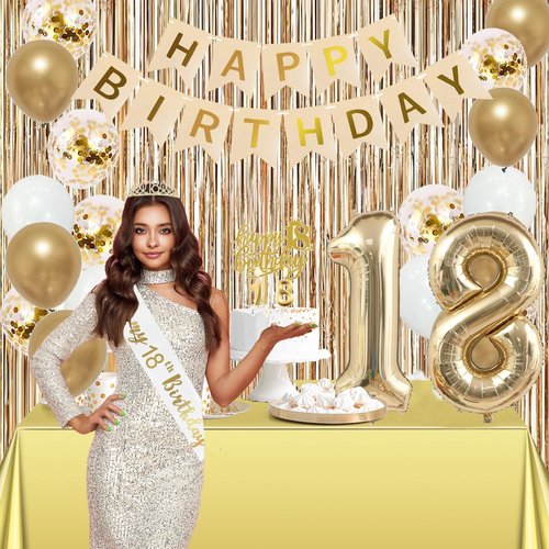 Trgowaul Happy 18th Birthday Decorations for Girls, Banner, Sash and Crown, Cake Topper, 18 Number Balloon, Fringe Curtains, Champagne Gold 18th Birthday Party Supplies