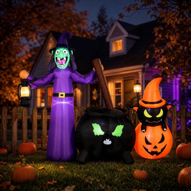 Giant 71-Inch Light-Up Halloween Inflatable Witch Cauldron with Pumpkin - Outdoor Yard Decor - Variation B