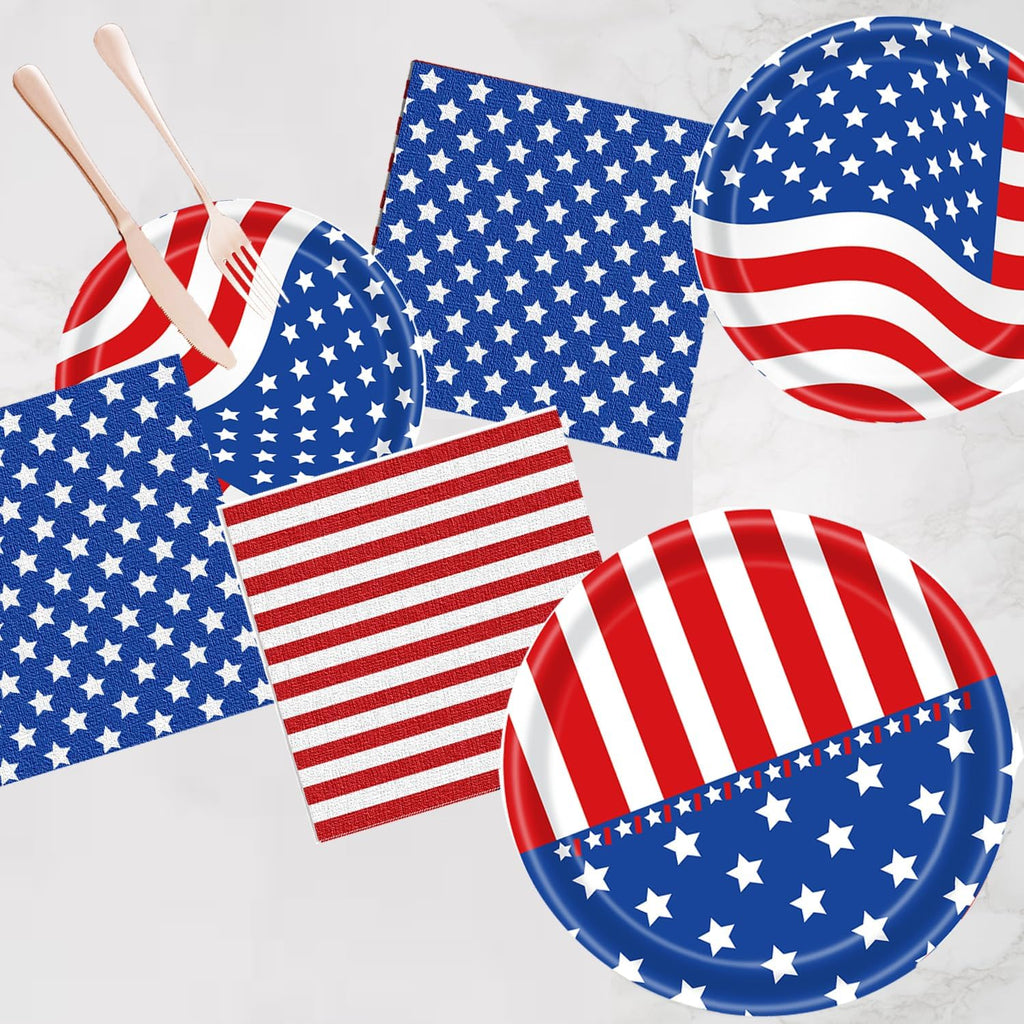 Patriotic Party Supplies - American Flag Party Set with Plates, Napkins & Tablecloth for 25 Guests