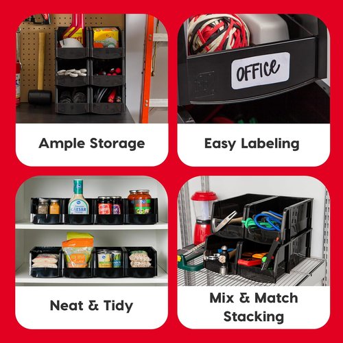 IRIS USA Large Stackable Storage Bins - 8-Pack Open Front Organizers for Garage & Pantry | 13"L x 6"W x 5"H - Black