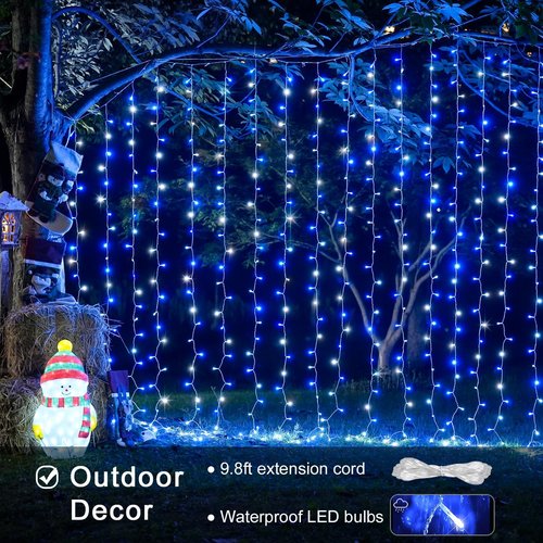 JMEXSUSS 300LED Christmas Curtain Lights - Remote Control Blue & White Fairy Lights | 9.8x9.8ft Indoor/Outdoor Decor