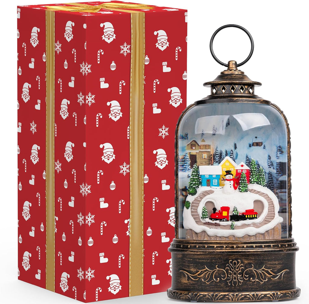 Skiennix Christmas Snow Globe Lantern - Glittering Snowman & Train with Music | USB & Battery Operated