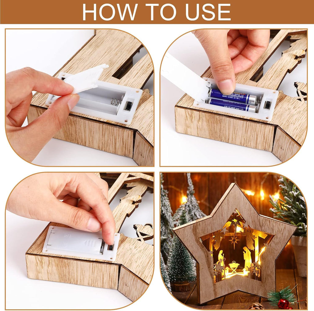 Regine Switzerland Wooden Nativity Scene Set - Rustic Christmas Tabletop Decoration with LED Light