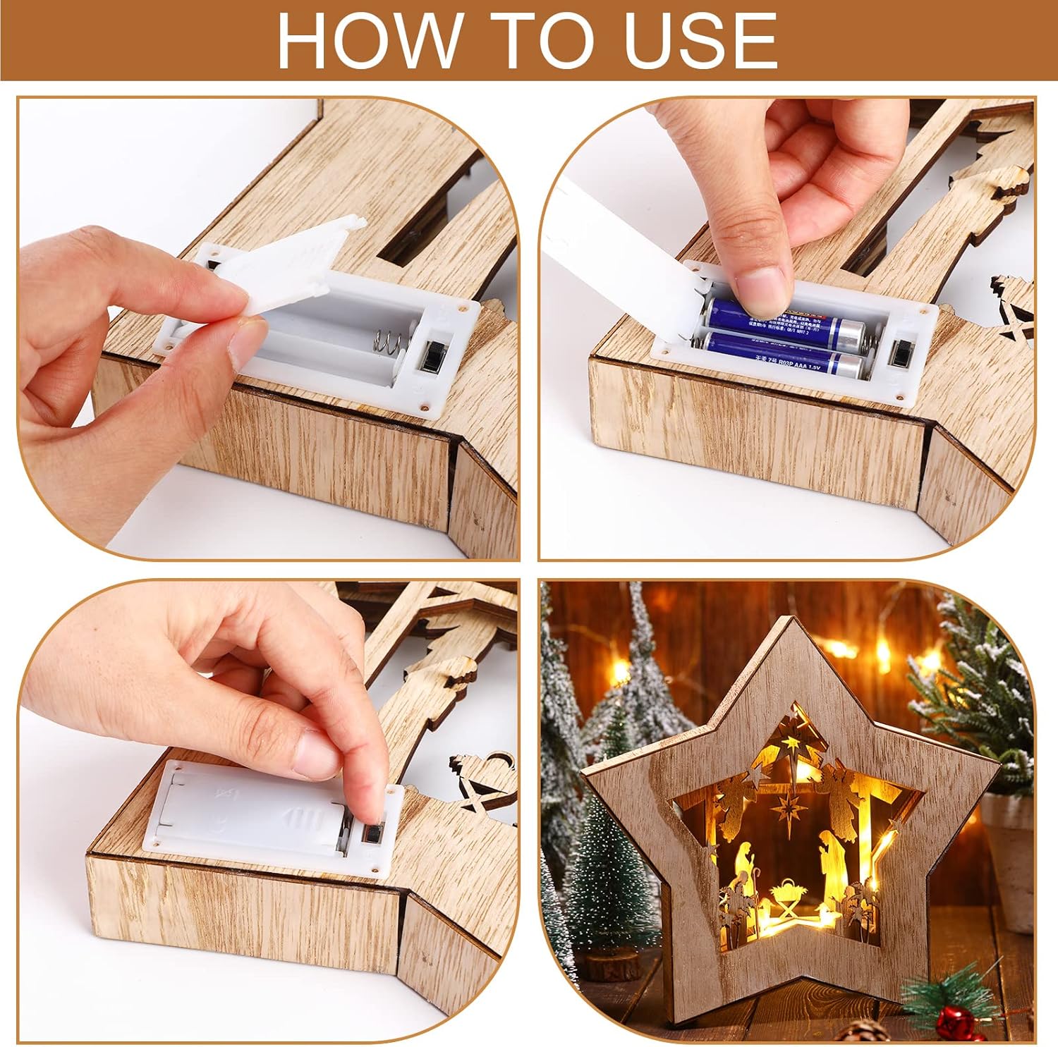 Regine Switzerland Wooden Nativity Scene Set - Rustic Christmas Tabletop Decoration with LED Light